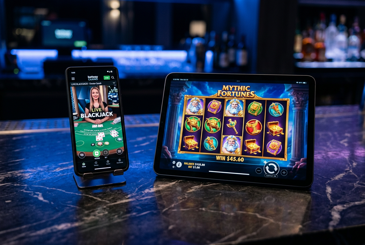 A high-end digital interface of international online casinos on a smartphone and tablet.