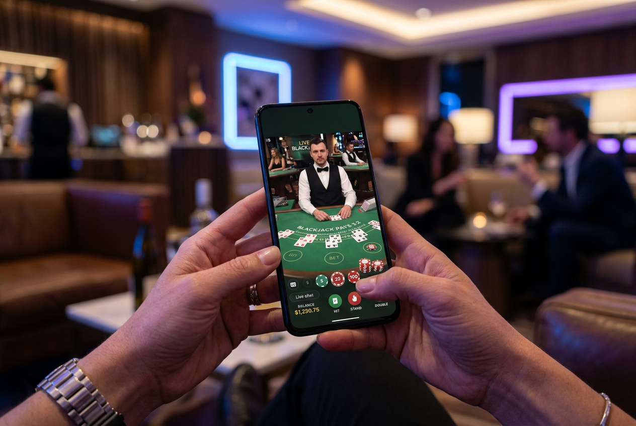 A person's hands holding a smartphone displaying a live casino interface.