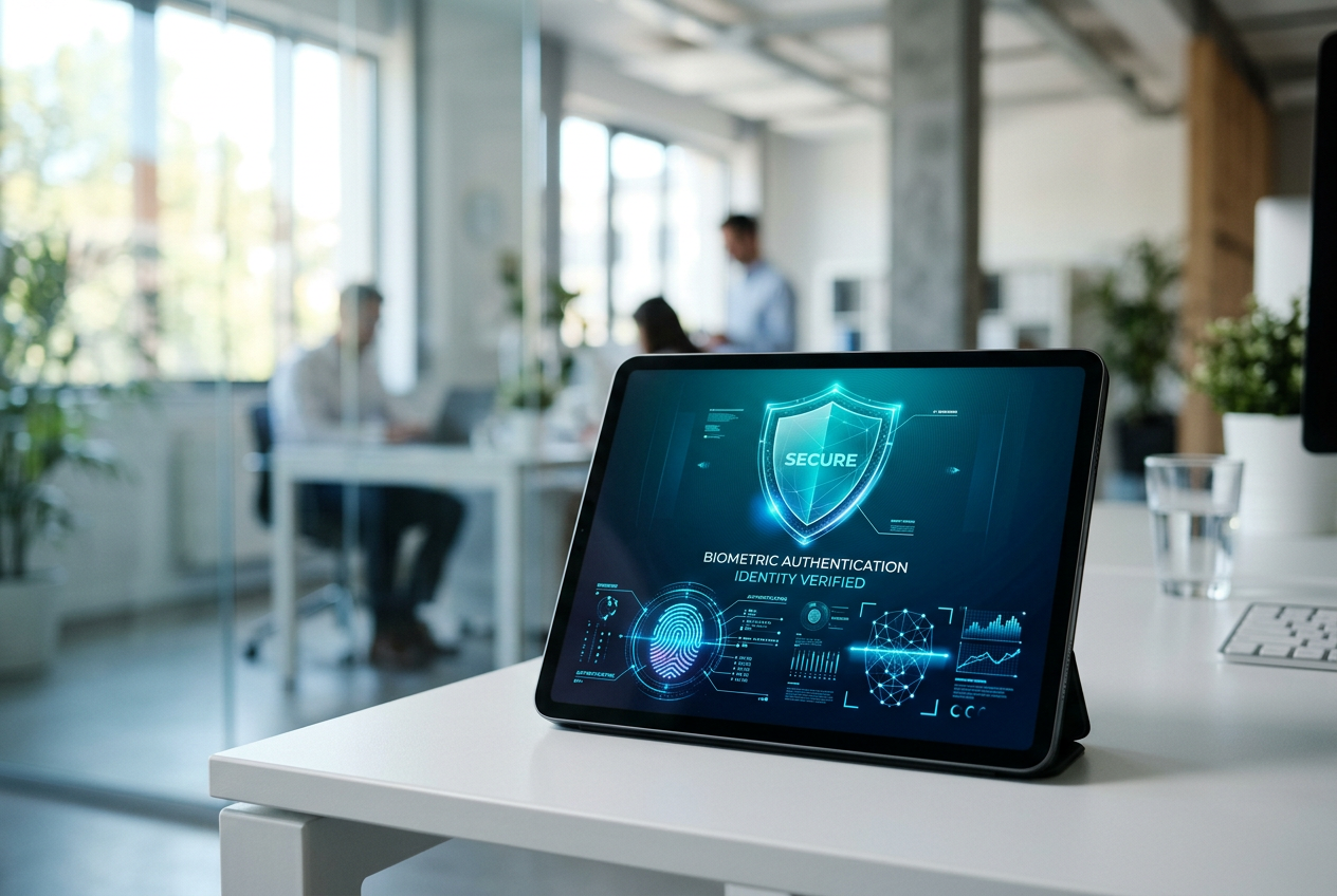 A tablet screen showing conceptual digital security shield and identity verification symbols.